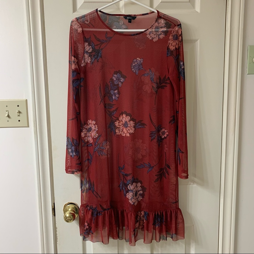 🌷3 for $25🌷Reitmans, US S Red Floral Semi Sheer Long Sleeve Ruffle Bottom Dress